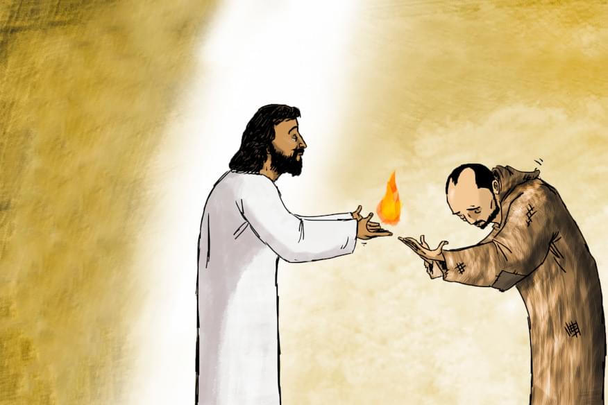 Illustrazione di Gesù che porge una lingua di fuoco a Ignazio di Loyola, fondatore dei gesuiti