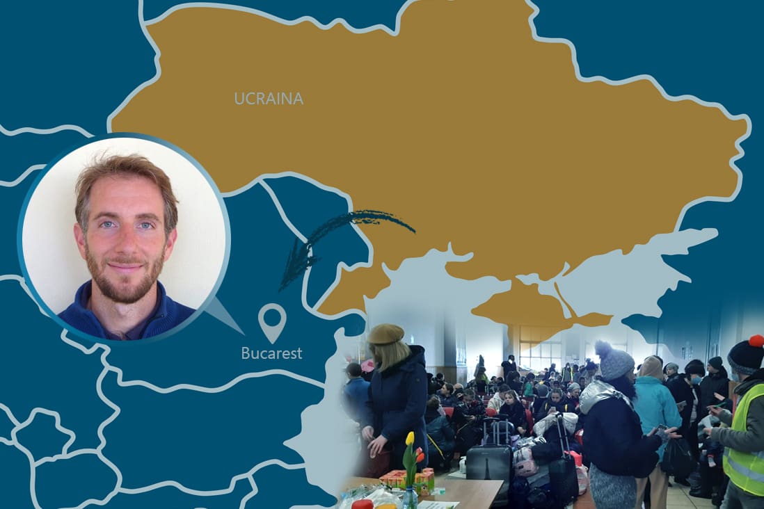 Jesuit Piero Loredan and a group of volunteers and Ukranian refugees overlaid on a map of the war zone in Ukraine